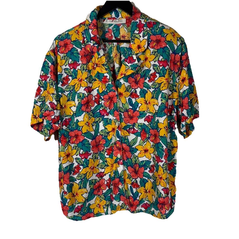 Vintage Floral Red Yellow Shirt Blouse Shirt Top Chaus Short Sleeve 80s Colorful